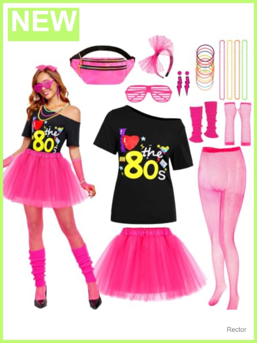 80s Costume Set Women Retro T-Shirt Tutu Skirt Necklace Halloween